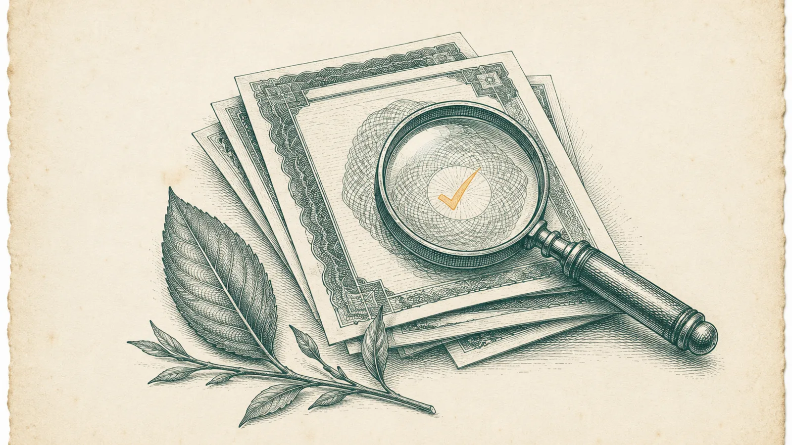 A copperplate engraving of a magnifying glass and an approval check over a stack of tea-supplier documents, evoking a buyer's QA review.