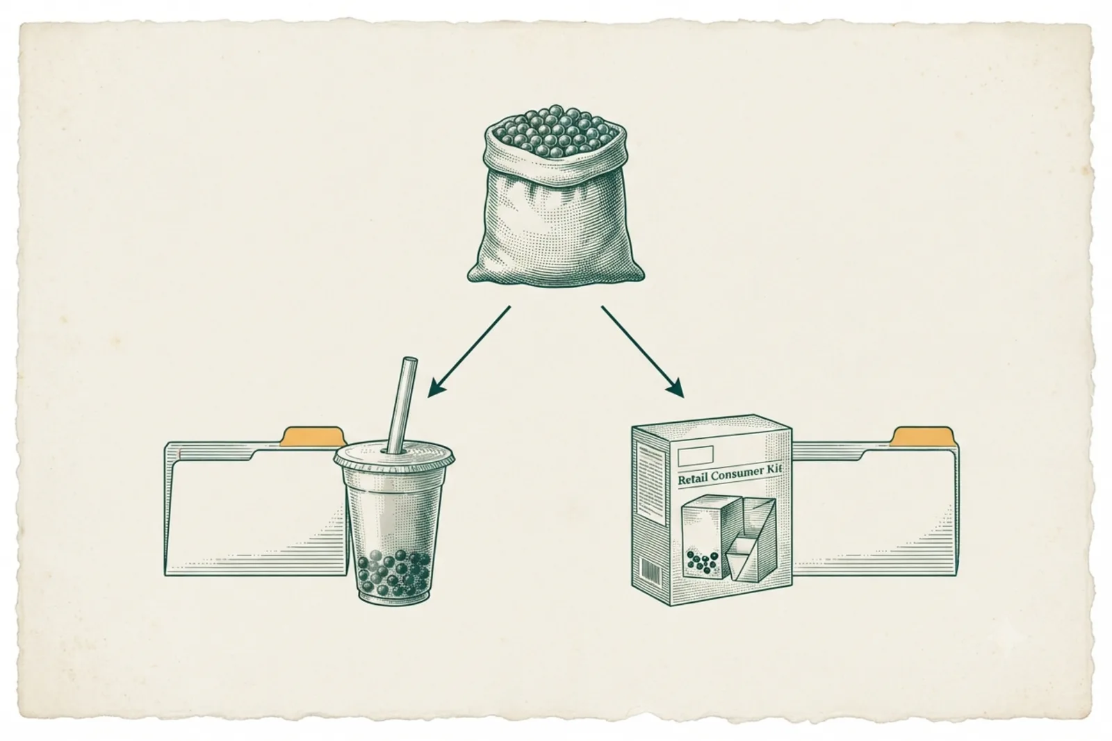 Copperplate engraving: a sack of tapioca pearls splitting into two buyer files