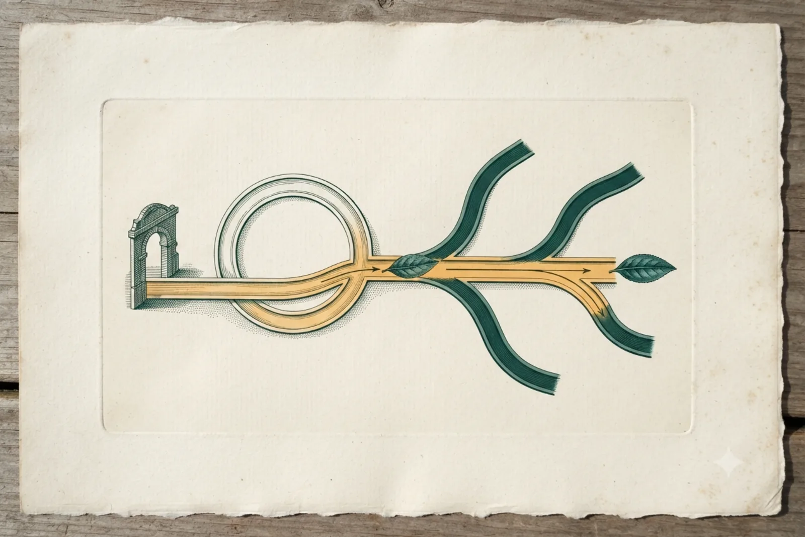 Copperplate engraving: a path looping back, then taking a single chosen lane