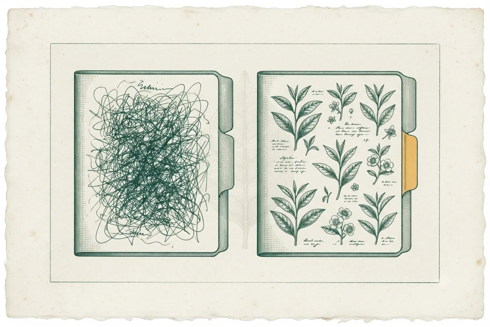 Copperplate engraving: an open dossier, one page scrambled and one page legible