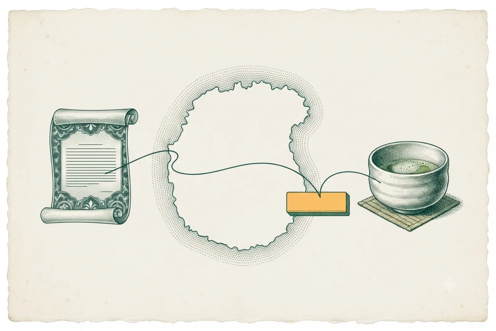 Copperplate engraving: a compliance document carried across a border to a matcha product page