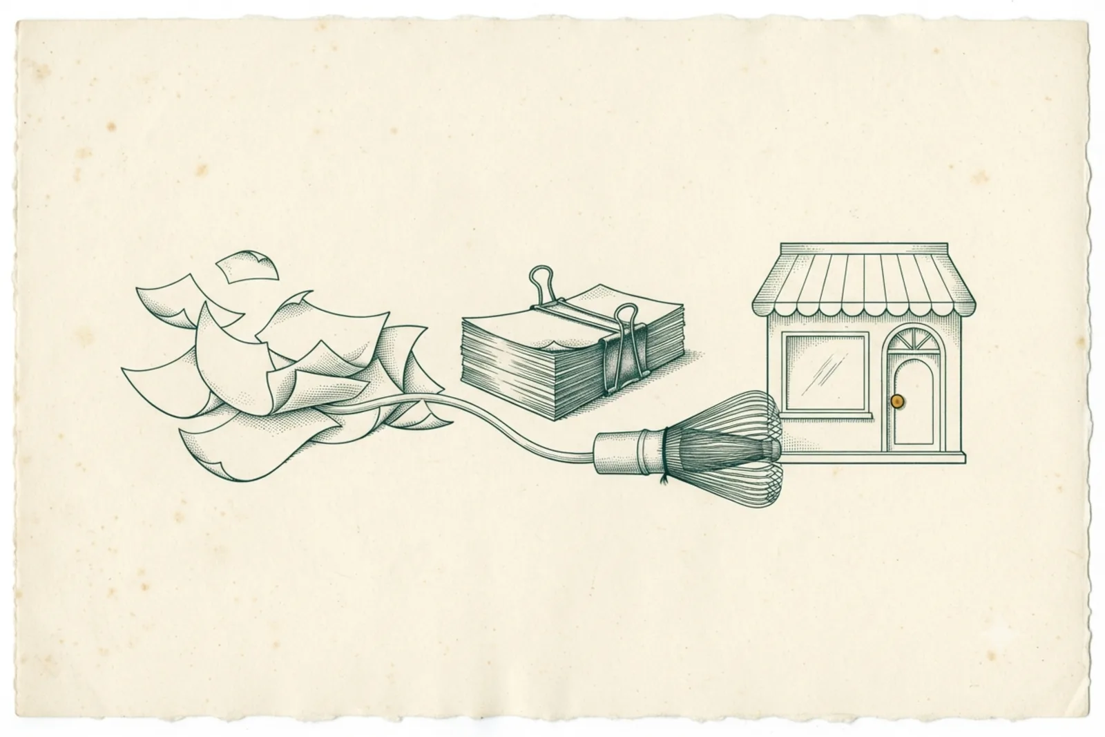 Copperplate engraving: scattered papers ordered into a storefront, linked by a matcha whisk